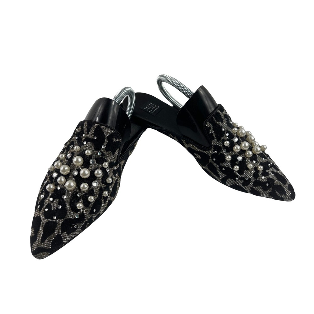 WHBM Pearl Embellished Mules Women 7M Pointed Shoes Gold Black Leopard Print